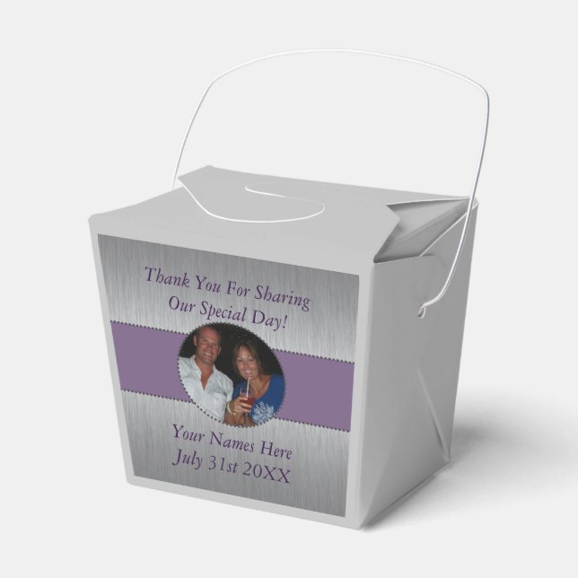 Wedding Date Purple Silver Thank You Favor Boxes (Front Side)