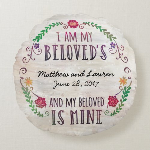 Wedding Date Watercolor I Am My Beloveds Round Pillow