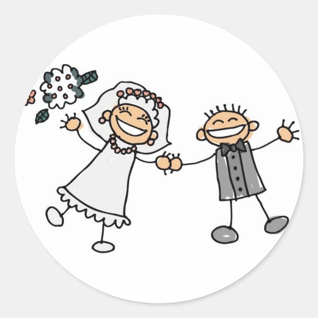 Wedding Day Bride Groom Smiling Happy Couple Classic Round Sticker (Front)