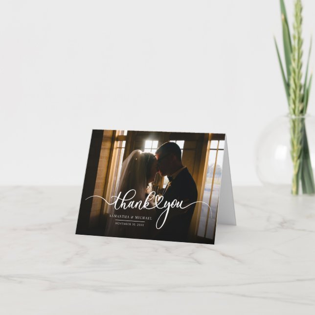 Wedding Day Couples Photo Hand-Lettered Thank You Card (Front)