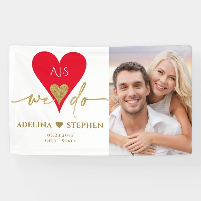Wedding Day Elegant Heart Minimal Gold Red Photo Banner (Horizontal)