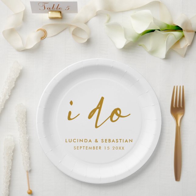 Wedding Day Elegant Minimal Simple Gold and White Paper Plates (Wedding)