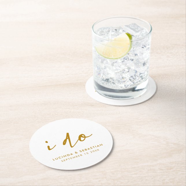 Wedding Day Elegant Minimal Simple Gold and White Round Paper Coaster (Insitu)