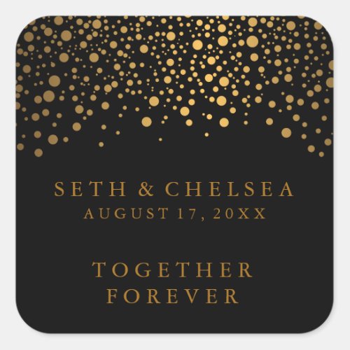 Wedding Day Gold Dots on Black  Personalize Square Sticker