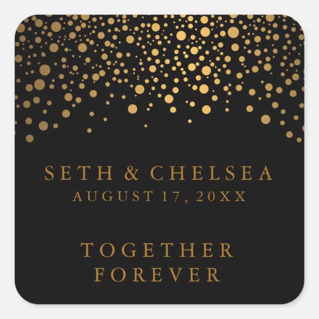 Wedding Day Gold Dots on Black | Personalize Square Sticker (Front)