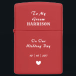 Wedding Day Groom Personalized Zippo Lighter<br><div class="desc">Typography editable script text with personal name,  wedding date in white tones; an elegant and stylish keepsake gift from a wife to her future husband on their wedding day.</div>