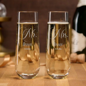 Wedding Day Modern Script Mr. and Mrs. Stemless Champagne Flute