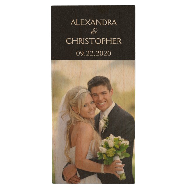 Wedding Day Name and Date Photo Storage Wood Flash Drive (Front Vertical)