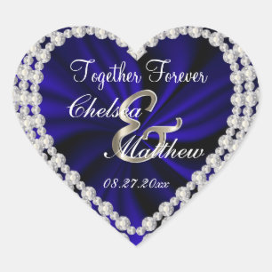 Wedding Day Navy Blue Satin Personalize Heart Sticker