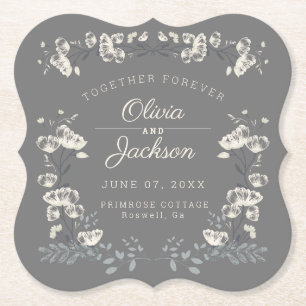 Wedding day personalized gray floral modern paper coaster