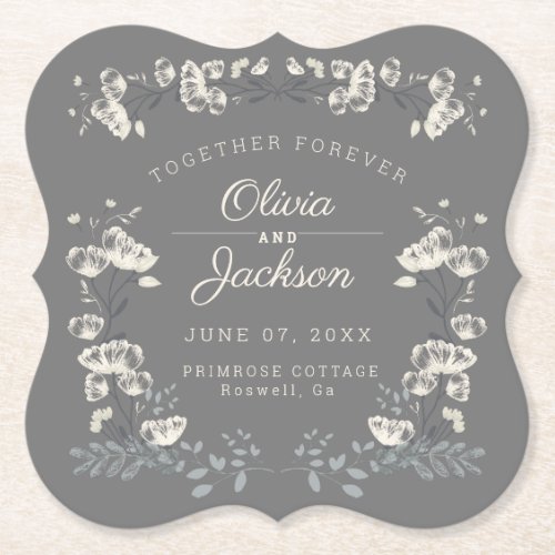 Wedding day personalized gray floral modern paper coaster