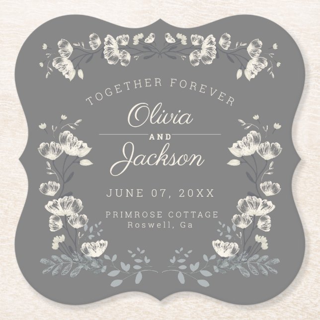 Wedding day personalized gray floral modern paper coaster (Front)