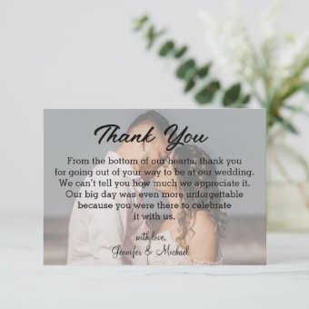 wedding day photo classic script thank you card | Zazzle