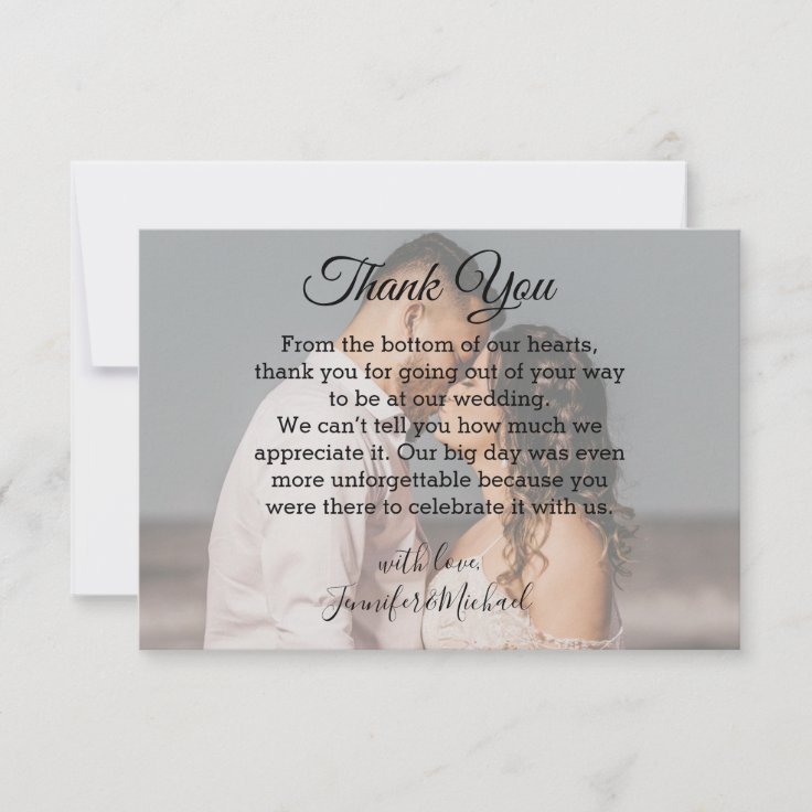 wedding day photo classic script thank you card | Zazzle