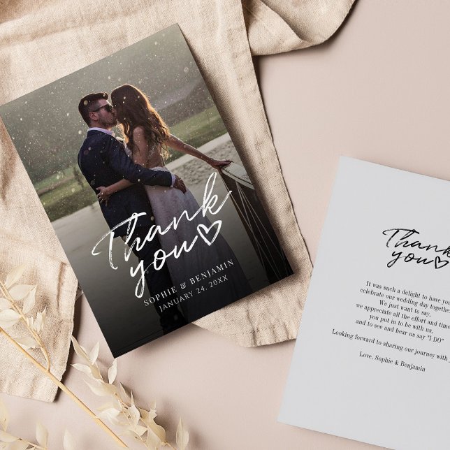 Wedding Day Photo Hand-Lettered Script Thank You Note Card (Elegant Wedding Photo Couples Thank You Card)
