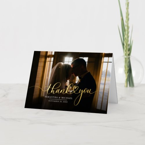 Wedding Day Photo Hand_Lettered Thank You Gold Foil Greeting Card