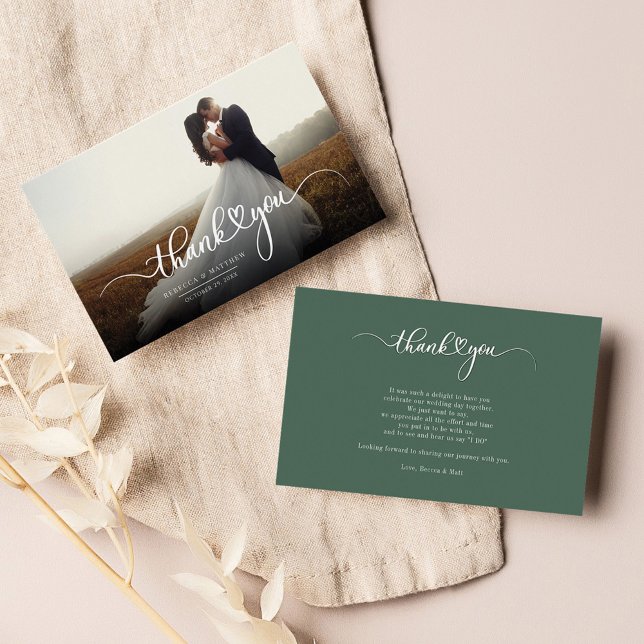 Wedding Day Photo Hand-Lettered Thank You Note Card (Wedding Photo Newlyweds Script Thank You)