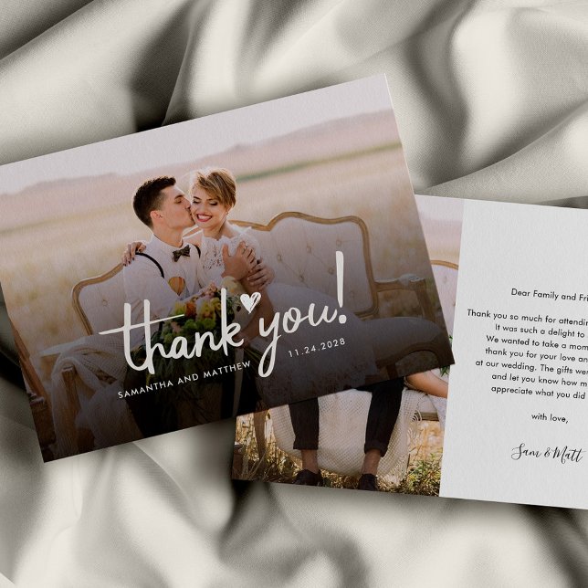 Wedding Day Photo Script Elegant Thank You Note Card (Newlyweds Photo Wedding Thank You Card)