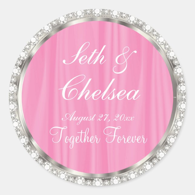 Wedding Day Pink Satin & Faux Diamonds Classic Round Sticker (Front)