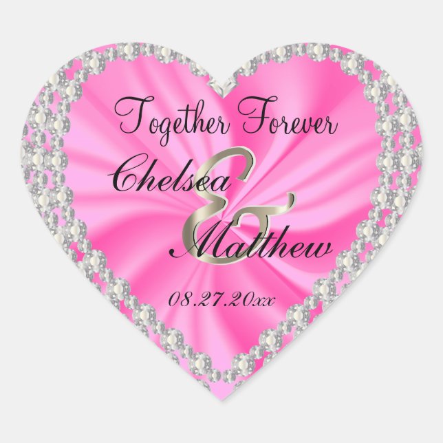Wedding Day Pink Satin | Personalize Heart Sticker (Front)