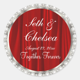 Wedding Day Red Satin & Faux Diamonds Classic Round Sticker