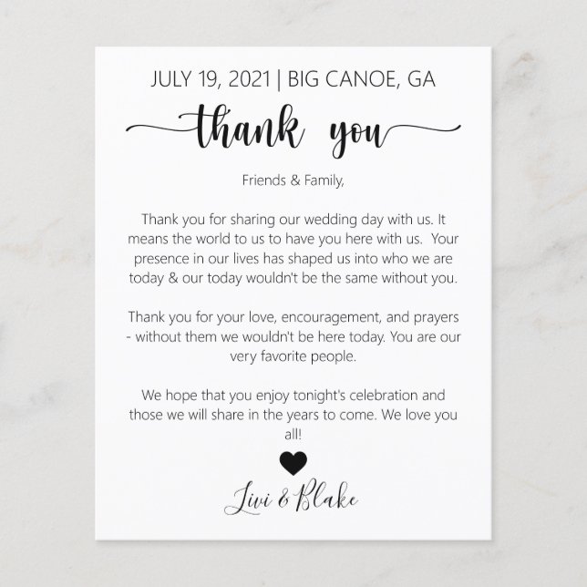 Wedding Day Thank You Card | Wedding Napkin Note (Front)