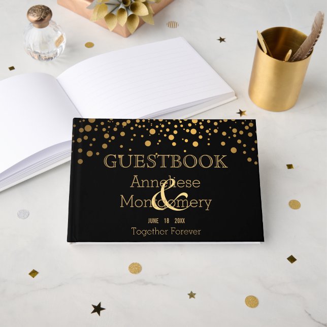 Wedding Day Trendy Gold Dots on Black Guestbook (Front Open)