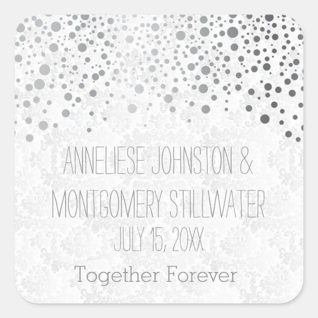 Wedding Day Trendy Silver Dots | Personalize Square Sticker (Front)