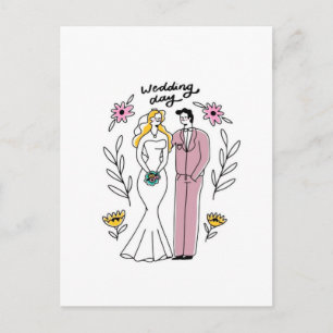 "Wedding Day" Whimsical Couple Illustration Postcard