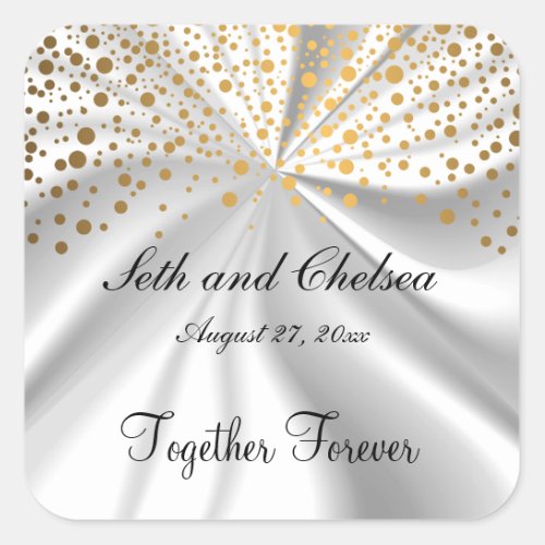 Wedding Day White Satin  Gold Dots  Personalize Square Sticker