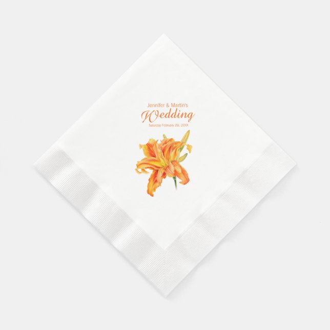 Wedding daylily orange personalized paper napkins (Corner)