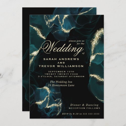 Wedding   Deep Teal Abstract Alcohol Ink Invitation