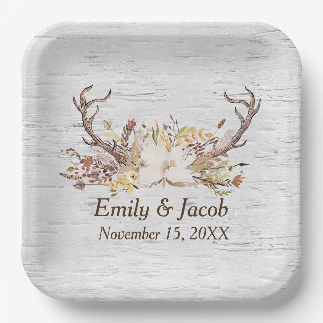 Wedding Deer Antlers on Birch Paper Plates (Front)