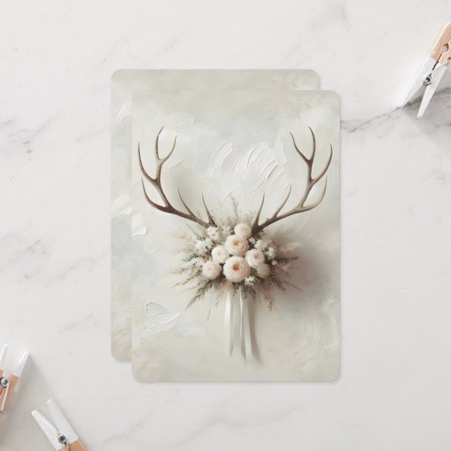 Wedding Deer Antlers With Bridal Bouquet Invitation (Front/Back In Situ)