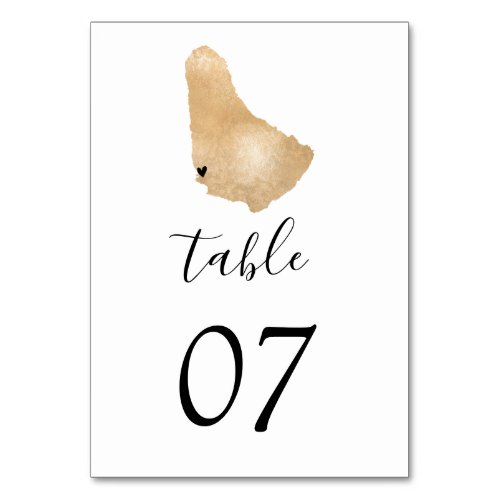 Wedding Destination Barbados Gold Map Heart  Table Number