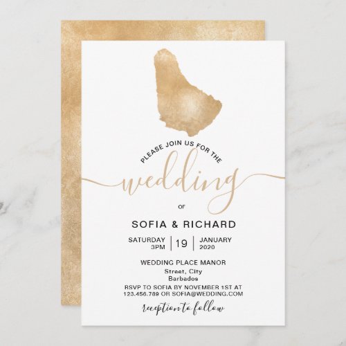 Wedding Destination Barbados Tropical Gold Map Inv Invitation