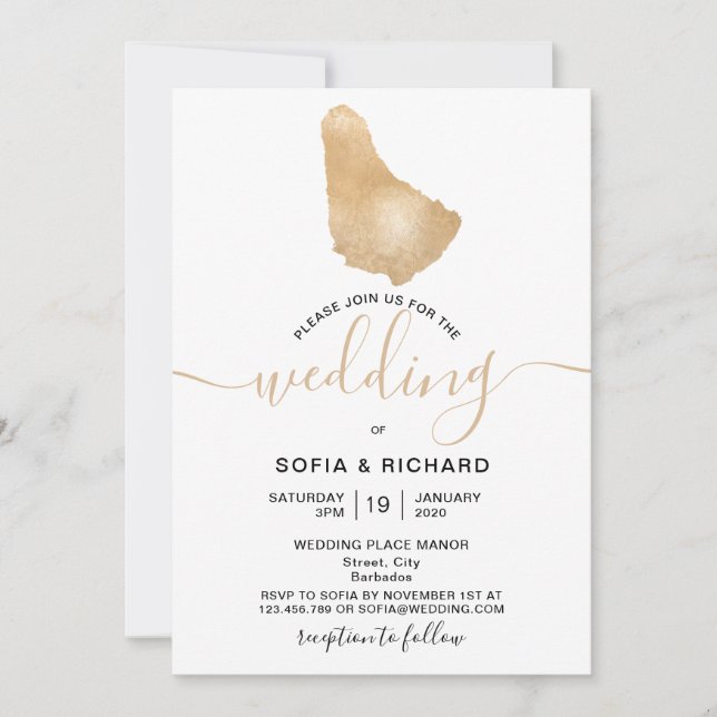 Wedding Destination Barbados Tropical Gold Map Invitation (Front)