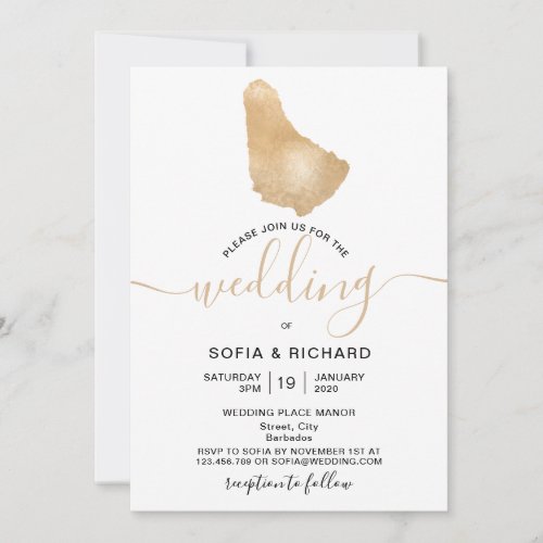 Wedding Destination Barbados Tropical Gold Map Invitation