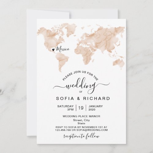 Wedding Destination Blush Watercolor World Map Invitation