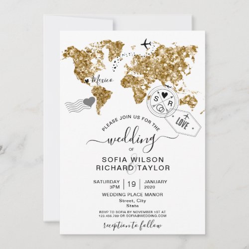 Wedding Destination Glitter Gold World Map Invitation