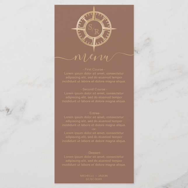 Wedding Destination Gold Compass Monogram Menu (Front)