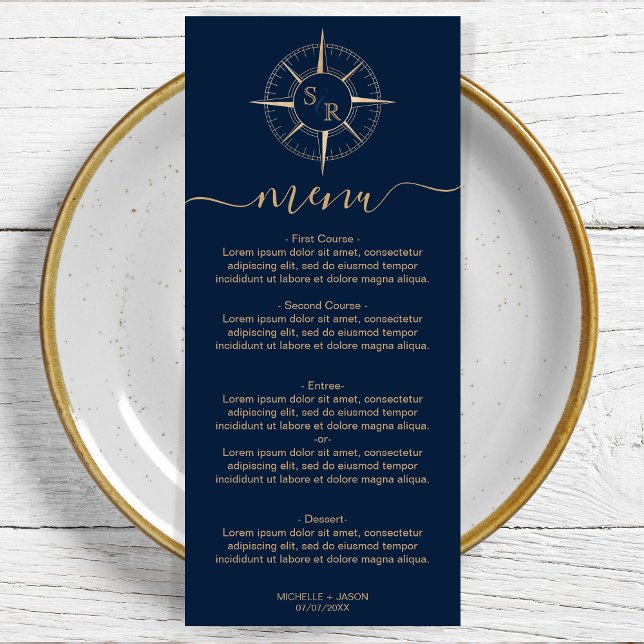 Wedding Destination Gold Compass Monogram Menu (Creator Uploaded)