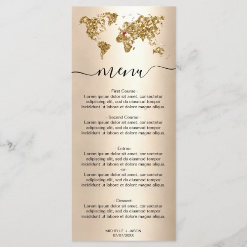 Wedding Destination Gold Glitter World Map Heart Menu