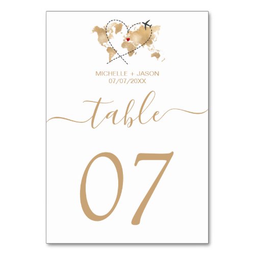 Wedding Destination Gold World Map and Heart Table Number
