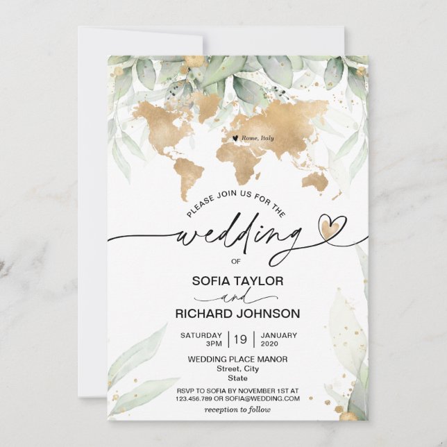 Wedding Destination Gold World Map Floral Invitati Invitation (Front)