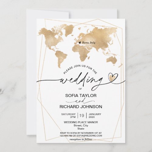 Wedding Destination Gold World Map Frame Invitation