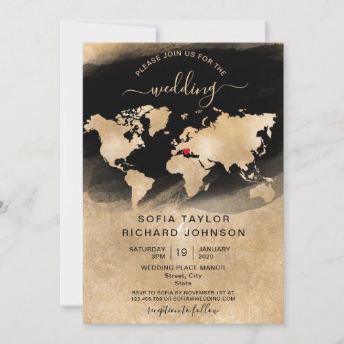 Wedding Destination Gold World Map Heart Invitatio Invitation