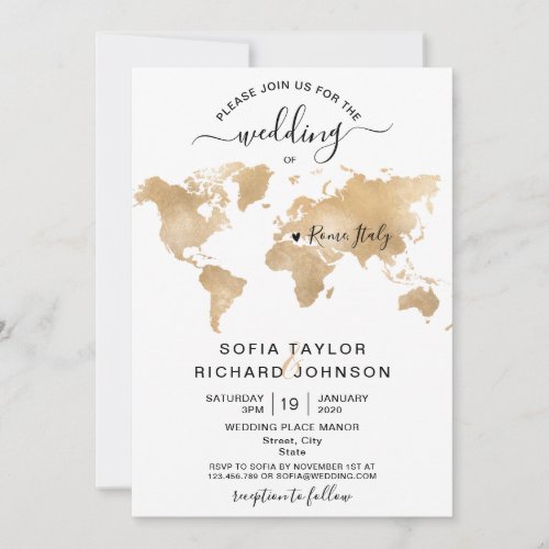 Wedding Destination Gold World Map Heart Invitatio Invitation