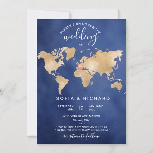 Wedding Destination Gold World Map Heart Invitatio Invitation