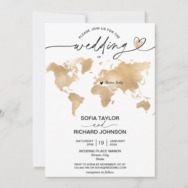 Wedding Destination Gold World Map Heart Invitatio Invitation (Front)